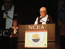 The “Top Ten” reasons for holding the 2008 National Catholic Educational Association’s annual convention in Indianapolis? The answers were provided during this year’s convention in Baltimore by Msgr. Joseph F. Schaedel, vicar general of the archdiocese, and Annette “Mickey” Lentz, executive director for Catholic Education and Faith Formation. (Submitted photo) 