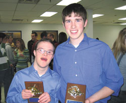 Tommy Steiner, left, and his brother, Robbie Steiner, were both recognized by the Our Lady of Providence Jr./Sr. High School swim team during the 2006-07 school year. Tommy received the “Providence Blue Pride Award” and Robbie received the “Providence Diving Award.” (Submitted photo) 