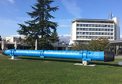 An LHC magnet is displayed on the grounds of CERN, the European Organization for Nuclear Research, in Geneva, Switzerland. Marian High School senior James Twaddle visited the facility and performed an experiment there last fall.