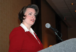 Deirdre McQuade, the U.S. bishops’ primary spokesperson on abortion and related life issues, speaks at the third annual Catholic Pro-Life Dinner on March 3 in Indianapolis.