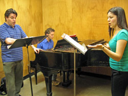 Marco Aguiar, left, Chris Ludwa and Sara Flores rehearse for the April 21 performance of The Creation at St. Mary Parish in Indianapolis. (Submitted photo) 