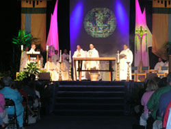 Archabbot Justin DuVall, O.S.B., presides at Mass on July 11 at the National Pastoral Musicians Convention in Indianapolis. More coverage of the event appears in the July 20, 2007 issue of The Criterion. (Photo by Mike Krokos) 