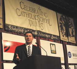 Matthew Kelly shares his insights about Catholic education and the Church at the annual Celebrating Catholic Schools Values awards dinner on Nov. 7 in Indianapolis. (Photo by Rich Clark) 