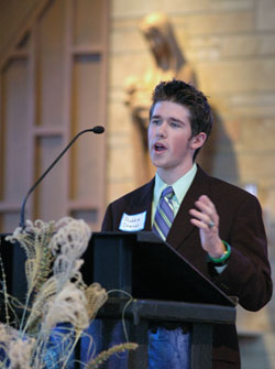 Our Lady of Perpetual Help parishioner Robbie Steiner of New Albany speaks during the “I Love Life” conference on Nov. 10 at his parish. His speech earned the third-place award in the National Right to Life oratory contest in June. (Photo by Mary Ann Wyand) 