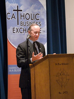 Funny, faith-filled and forthright, Gov. Mitch Daniels mixed humor, Scripture and ethical advice in his keynote address to Catholic Business Exchange members on Nov. 16 at the St. Pius X Council’s Northside Knights of Columbus Hall in Indianapolis.