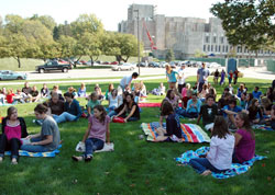 College students wait for an outdoor Mass called “Mass on the Grass,” a once-a-year event in the fall at Butler University in Indianapolis. (Submitted photo) 