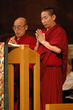 Geshe Lotin, left, and Ven. Dhamcoe Chopel of the Tibetan Mongolian Buddhist Cultural Center in Bloomington chant the dedication prayer from Shantideva’s Guide to the Bodhisattva’s Way during the Interfaith Thanksgiving Service on Nov. 25 at SS. Peter and Paul Cathedral in Indianapolis. (Photo by Mary Ann Wyand) 