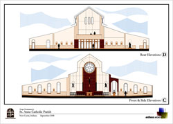 These architectural drawings prepared by Entheos Architects show the front, rear and side elevations of the new St. Anne Church in New Castle, which is expected to be completed in the spring of 2010, three years after the parish’s historic church was destroyed in an arson fire on Holy Saturday, April 7, 2007. (Illustrations courtesy Entheos Architects) 