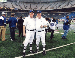 As members of the chain crew for the Indianapolis Colts, Ed Tinder, left, and Steve Taylor usually keep a calm and impartial approach at home games. But their joy for the Colts showed in this photo that was taken at the RCA Dome in Indianapolis after the Colts defeated the New England Patriots in the American Football Conference championship game in January of 2007. (Submitted photo) 
