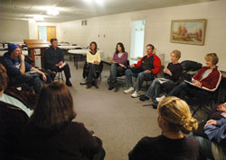 Members of the St. Jude Career Support Group have a discussion on March 5 at St. Jude Parish in Indianapolis. (Photo by Sean Gallagher) 