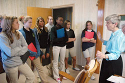 Benedictine Sister Carol Falkner, right, prioress of Our Lady of Grace Monastery in Beech Grove, speaks on April 16 with eighth-grade girls from St. Barnabas School in Indianapolis during a field trip the class made to learn about religious vocations. (Photos by Sean Gallagher) 