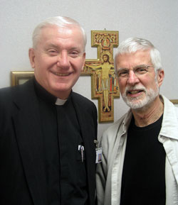 For nearly 22 years, Father John Mannion, left, and the Rev. Darrel Crouter have shared a friendship that has continued to deepen while they have provided compassionate spiritual care to patients, families and staff members at St. Francis Hospital in Beech Grove. Both 68, the longtime friends have decided it’s time to cut back on their pastoral care at the hospital. They will be honored in a celebration at the hospital on March 26. (Photo by John Shaughnessy)
