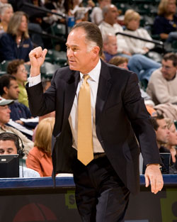 Indiana Pacers’ head coach Jim O’Brien pumps his fist during a preseason game against the Seattle Supersonics in 2007. O’Brien was the speaker at a “Coaching for Christ” talk to Catholic high school coaches and Catholic Youth Organization coaches on March 10 at Bishop Chatard High School in Indianapolis. (Submitted photo/courtesy Indiana Pacers)