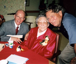 For the past 11½ years, Bob Haverstick, left, has used his non-profit organization, Never Too Late, to grant 2,250 wishes for senior citizens. In this 2008 photo, he poses with Margaret (Gintert) Trout, one of the senior citizens that he helped, and Leo Hine, a supporter of Never Too Late. (Submitted photo)