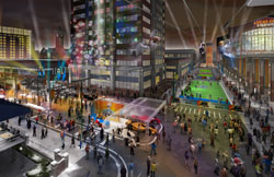 This image is an artist’s rendering of the Super Bowl Village at the corner of Capitol Avenue and Georgia Street in downtown Indianapolis, which is also the location of St. John the Evangelist Church. (Image courtesy of 2012 Indianapolis Super Bowl Host Committee)