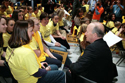 Indiana Gov. Mitch Daniels talks with parents and students at the “Ed Reform Rocks Rally” at the State Capitol in Indianapolis on Feb. 15. More than 2,000 parents and students attended the rally to support school choice and quality schools. (Photo by Charles J. Schisla)