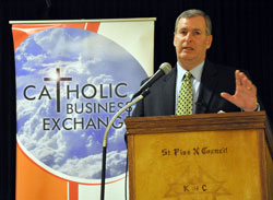 Indianapolis Mayor Greg Ballard endorses the importance of Catholic education for the future of the city during a speech to members of the Catholic Business Exchange on March 16 at the Northside Knights of Columbus Hall in Indianapolis. (Photo by Mary Ann Garber)