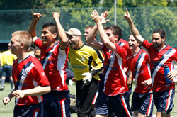 Members of the soccer team of the Pontifical North American College in Rome celebrate after winning the championship match of the Clericus Cup on May 12. Among the team members is seminarian Martin Rodriguez, second from left, a member of St. Mary Parish in Indianapolis. (CNS photo by Paul Haring)