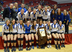 Members of the Bishop Chatard High School Class 3A state championship girls’ volleyball team pose with their trophy on Nov. 3. (Submitted photo)