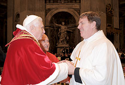 Pope Benedict XVI greets then-Redemptorist Father Joseph Tobin during a Feb. 2, 2008, liturgy at St. Peters Basilica at the Vatican to mark the World Day for Consecrated Life. At the time, then-Father Joseph was superior general of the Congregation of the Most Holy Redeemer, also known as the Redemptorists. (Submitted photo)