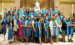 Archbishop Joseph W. Tobin poses with the Hispanic Leadership Institute’s first graduating class in the Lay Leadership Pastoral Formation Program at SS. Peter and Paul Cathedral in Indianapolis on May 11. (Submitted photo)