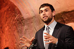Indianapolis Colts quarterback Andrew Luck talks about how each us is called to serve others. Luck was the keynote speaker at the archdiocese’s Spirit of Service Awards Dinner in Indianapolis on April 30. (Submitted photo by Rich Clark)