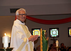 Retired Father Mauro Rodas smiles during his 50th anniversary Mass at Our Lady of the Greenwood Church in Greenwood on May 3 after parishioners expressed their appreciation for his years of priestly service. (Submitted photo)