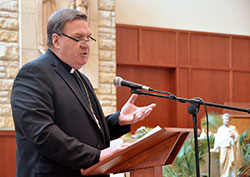 Archbishop Joseph W. Tobin announced decisions regarding the Connected in the Spirit planning process for the Bloomington, Connersville and Seymour deaneries during a Feb. 4 press conference at St. Bartholomew Church in Columbus. (Photo by Sean Gallagher)