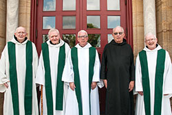 Five Benedictine monks of Saint Meinrad Archabbey are celebrating their 60th anniversary of profession monastic vows. They are, from left, Fathers Timothy Sweeney, Denis Quinkert, Lambert Reilly, Brother Andrew Zimmermann and Father Meinrad Brune. (submitted photo)