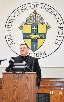 Cardinal-designate Joseph W. Tobin discusses being named a cardinal by Pope Francis during an Oct. 10 press conference at the Archbishop Edward T. O’Meara Catholic Center in Indianapolis. The gathering was attended by archdiocesan Catholic Center staff and members of the secular media. (Photo by Natalie Hoefer)