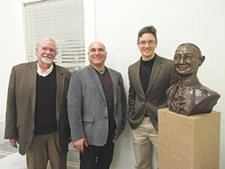 Cardinal Ritter Birthplace Foundation board chairman David Hock, left, New Albany sculptor Guy Tedesco and speaker Kyle Kramer pose with Tedesco’s bonded bronze bust of Cardinal Joseph E. Ritter at the organization’s fifth annual Irish coffee lecture on March 16 in New Albany. (Photo by Patricia Happel Cornwell)