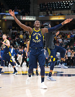 Victor Oladipo celebrates an Indiana Pacers victory with his arms wide open—the same approach he has toward his relationship with God. (Photo courtesy of Pacers Sports & Entertainment)