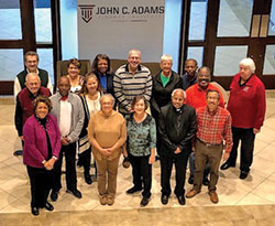 Pictured are parish leaders that took part in the archdiocese’s LEAD program. The group includes St. Joseph Sister Gail Trippett, parish life coordinator at Holy Angels and St. Rita parishes, both in Indianapolis, and team members of her parishes; Father Francis Joseph Kalapuracka, pastor of St. Thomas More Parish in Mooresville and St. Ann Parish in Indianapolis, and team members of his parishes; Father Jeffrey Godecker, clergy educator; and Dr. Matt Chodkowski and Dr. Terry Schindler, both members of the Univerity of Indianapolis faculty. (Submitted photo)