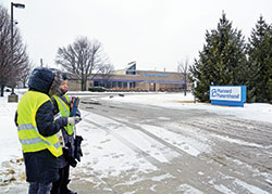 Sidewalk counselors Ann Clawson, left, and Sheryl Dye stand outside of the Indianapolis Planned Parenthood abortion facility on Feb. 20, 2019. (File photo by Natalie Hoefer)