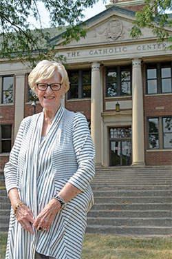 Annette "Mickey" Lentz, chancellor, poses in front of the Archbishop Edward T. O'Meara Catholic Center in Indianapolis. (Photo by Brandon A. Evans)