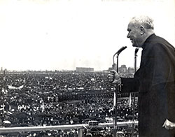 Holy Cross Father Patrick Peyton leads a rosary rally in Rio de Janeiro Brazil, on Dec. 16, 1962. There was an estimated 1.5 million in attendance. (Photo courtesy of praythefilm.com.)