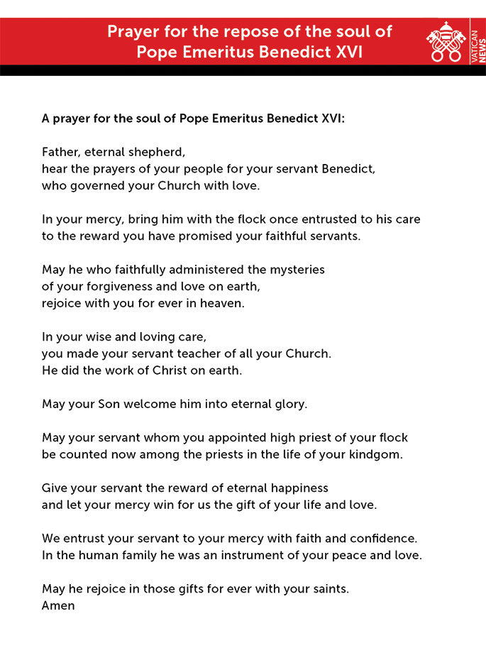 Prayer card for the repose of the soul of Pope Emeritus Benedict XVI