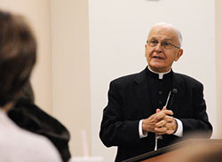 Bishop Emeritus Dale J. Melczek speaks about "The Gift of Our Merciful God's Forgiveness" at St. Paul Church hall in Valparaiso in this March NWIC file photo. (Anthony D. Alonzo photo)