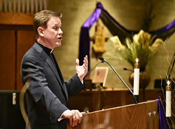 Precious Blood Father Kevin Scalf gives his presentation on March 7 at Our Lady of Consolation as part of the four-week Lenten journey series sponsored by the Merrillville cluster of Catholic parishes. (Anthony D. Alonzo photo)