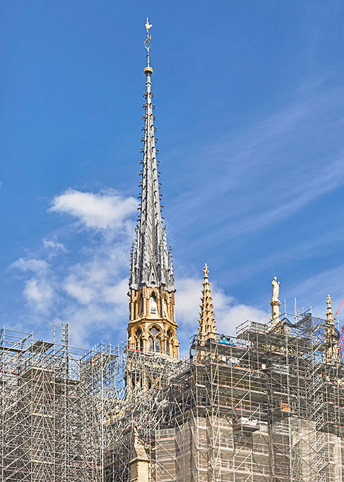 The golden rooster is seen atop the spire amid reconstruction work at Notre Dame Cathedral in Paris that entered its last phase as the world observed the fifth anniversary of the April 15, 2019, blaze that caused the spire to collapse inside the cathedral. Notre Dame is scheduled to reopen Dec. 8, to be followed by six months of celebrations, Masses, pilgrimages, prayers and exhibitions. (OSV News photo/Charlene Yves)