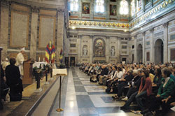 Archbishop Daniel M. Buechlein delivers a homily before hundreds gathered at the Basilica of St. Paul Outside the Walls in Rome for an Oct. 16 Mass of Thanksgiving in celebration of the canonization of St. Theodora Guérin. 