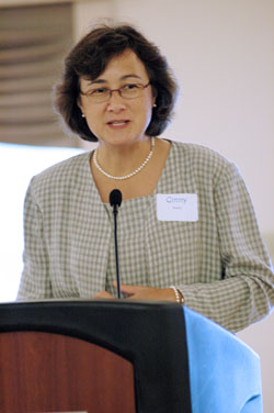 During the Guardian Angel Guild’s 50th anniversary luncheon on Sept. 24 in Indianapolis, guild president Ginny Maher thanks guild members for their dedication and tireless efforts to raise funds to help the archdiocesan Office of Catholic Education’s resource programs serve students with learning disabilities. (Photo by Mary Ann Wyand)