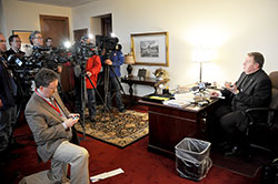 Archbishop Joseph W. Tobin speaks on March 13 at the Archbishop O’Meara Catholic Center in Indianapolis to members of the local media about the election of Cardinal Jorge Mario Bergoglio as the new pope, who took the name Francis. (Photo by Sean Gallagher)