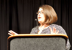 Kristan Hawkins, president of Students for Life of America, addresses a crowd of approximately 900, including about 400 students, during Right to Life of Indianapolis’ 32nd Celebrate Life dinner on Sept. 30 at the Indiana Convention Center in Indianapolis. (Photo by Natalie Hoefer)