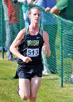 Cole Hocker, a senior at Cathedral High School in Indianapolis, sprints to the finish in winning the 2018 Indiana High School Athletic Association’s state finals in cross country on Oct. 27. He finished second in last year’s state competition. (Submitted photo)