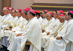 Bishops from across the U.S. pray during a June 14, 2017, Mass in SS. Peter and Paul Cathedral in Indianapolis during that year’s spring meeting of the U.S. Conference of Catholic Bishops held in Indianapolis. (File photo by Sean Gallagher)