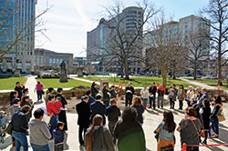 Father Michael O’Mara, then pastor of St. Gabriel the Archangel Parish in Indianapolis, speaks to participants opposing the elimination of the Deferred Action for Childhood Arrivals federal immigration policy at a rally outside of the Statehouse in Indianapolis on Feb. 27, 2018. (Criterion file photo by Natalie Hoefer)