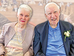 Patty and Carl Lentz smile on Feb. 9, their 70th wedding anniversary, while sitting in the chapel of the St. Augustine Home for the Aged in Indianapolis where they are residents. (Submitted photo)