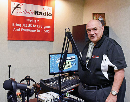 Jim Ganley, current board member for Catholic Radio Indy, poses on Sept. 21, 2021, prior to his retirement after 17 years as the station’s general manager. (File photo by Sean Gallagher)