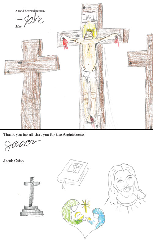 Students from Holy Name of Jesus School in Beech Grove wrote letters and shared their artwork with adults who attended a retreat led by the students’ teacher, Benedictine Sister Nicolette Etienne, at Our Lady of Fatima Retreat House in Indianapolis on April 1.